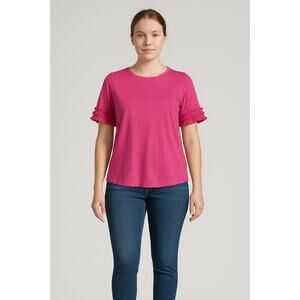 Belle by Kim Gravel Knit Elbow Top with Triple Fringe - Fuchsia, Size Medium